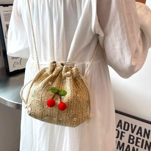 Cherry Braided Straw Drawstring Handbag Purse Tote Bag Mini Backpack All In One - Picture 2 of 5